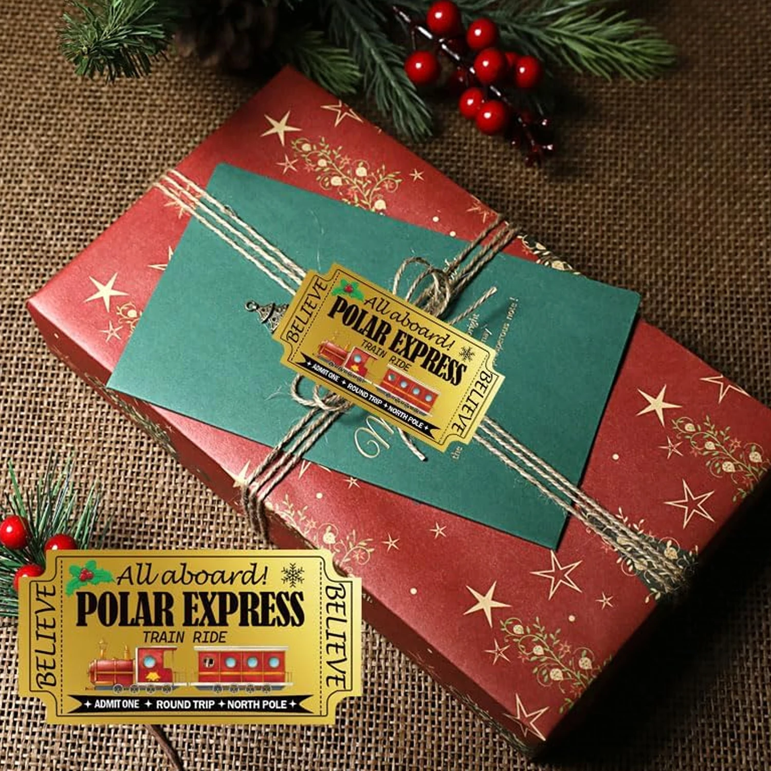 Christmas Gold Foil Believe Train Ticket Stickers Golden North Pole Train Stickers 3.5 * 2.2 Inch Adhesive Stamp Stickers