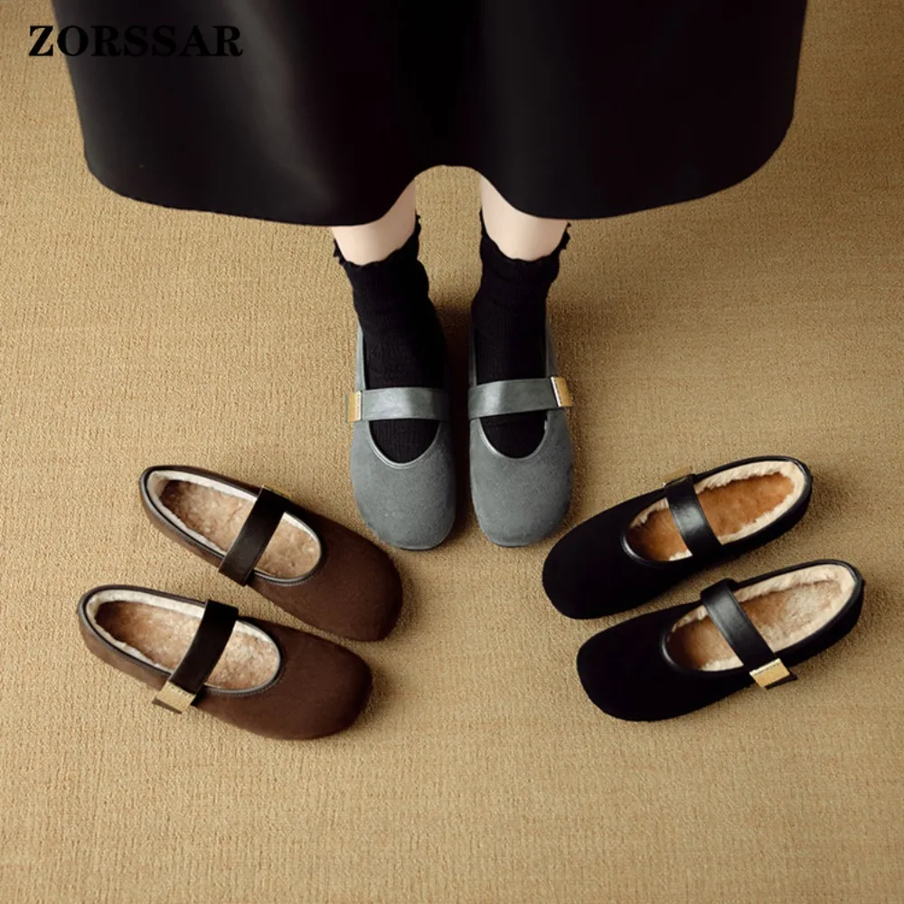 

Winter Flat Shoes Women 2025 New Fur Lining Warm Women Snow Shoes Genuine Suede Leather Comfortable Female Winter Mary Jane Shoe