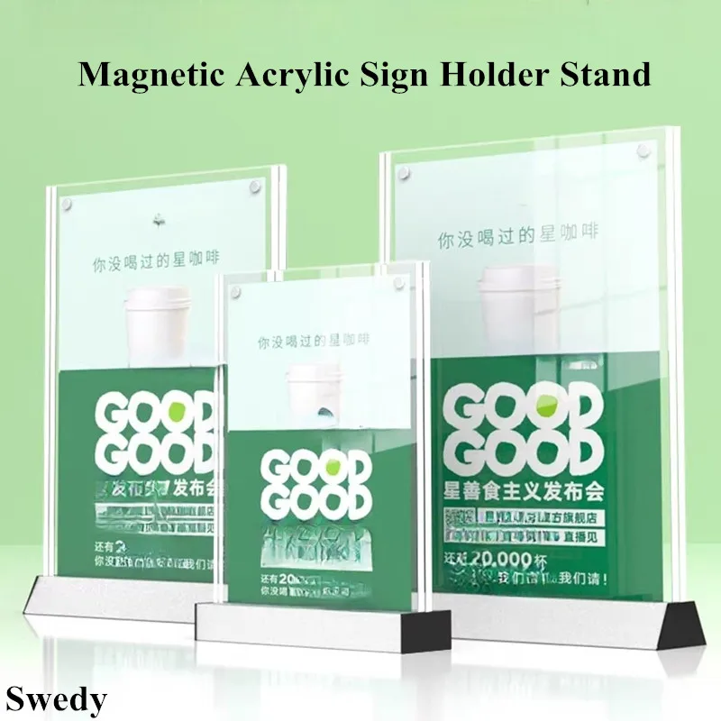 A6 100x150mm Double Aluminum Magnetic Acrylic Sign Holder Stand Table Number Place Holder Stand Plastic Price Label Paper Tags