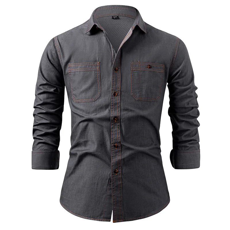 Fashion Autumn Cotton Denim Shirts Men Casual Long Sleeve Quality Cowboy Shirt Solid Color Slim Fit Elastic Jean Shirts for Men