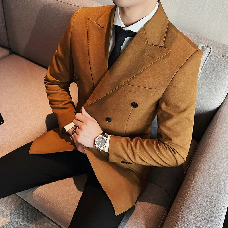 2024 Men\'s Formal blazer jacket Lapel Flat Slim Fit Casual Gentleman khaki Men Fashion Double Breasted Wedding Men Blazer Jacket