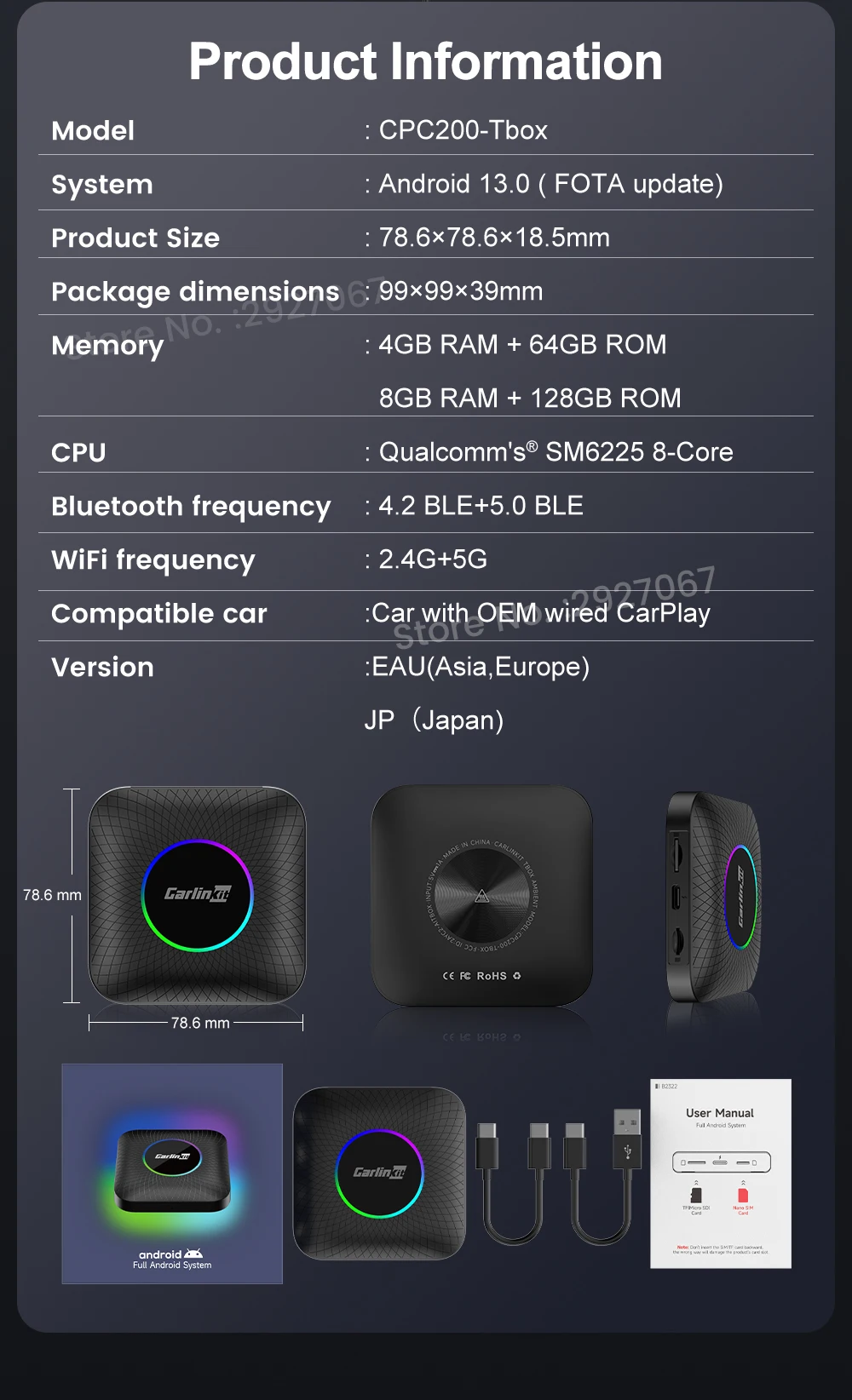 CarlinKit CarPlay Ai Box Android 13 SM6225 8 Cores 8G+128G Smart Android TV Box Wireless CarPlay Android Auto Support 512GB TF