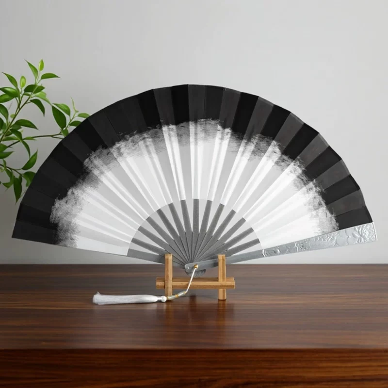 Water Cloud Folding Fan Matte Silver Alloy Ribs Black-White Ink Wash Fabric Traditional Chinese Style with Tassel