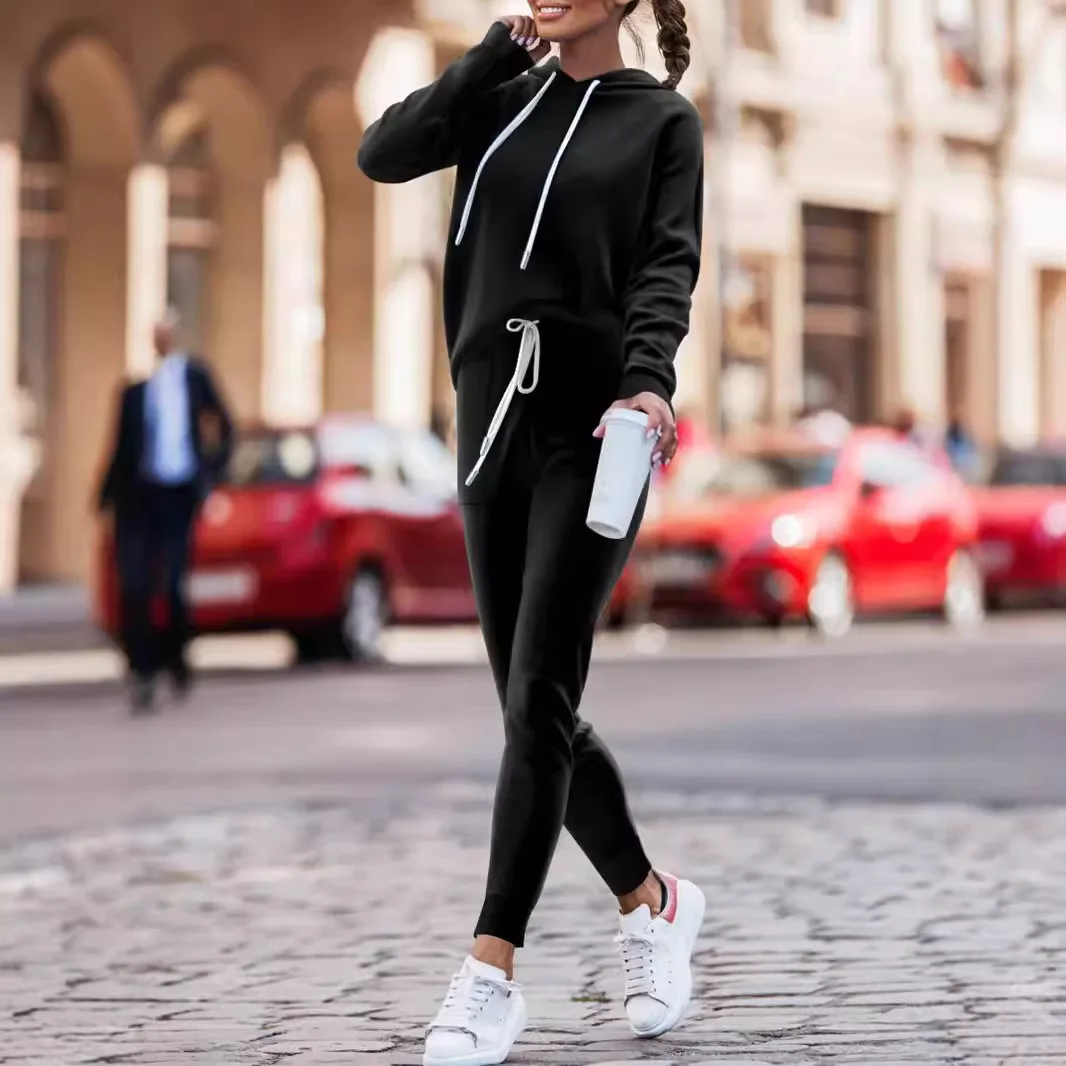 

2024 spring and autumn casual temperament sweatshirt two-piece suit sports women's drawstring hooded high-waisted trousers