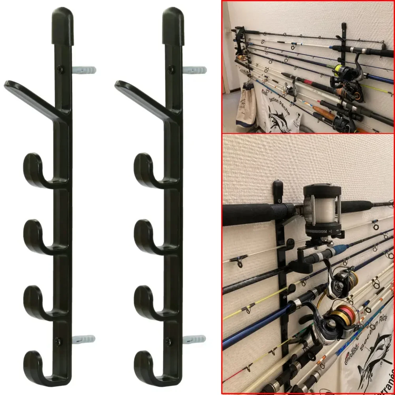 Practical, durable, and efficient 5-rod wall mounted fishing pole storage rack - Keep your gear neat and tidy with tough hard pl