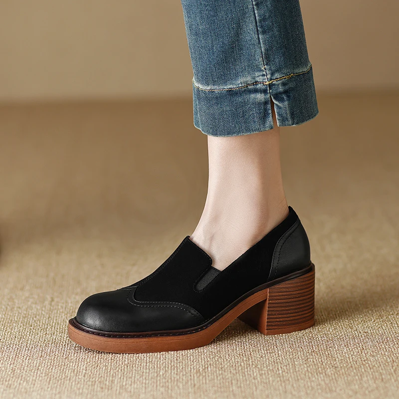 2024 Spring Women Shoes Round Toe Platform Shoes Genuine Leather Casual Thick Heel Women Pumps Handmade Shoes High Heel