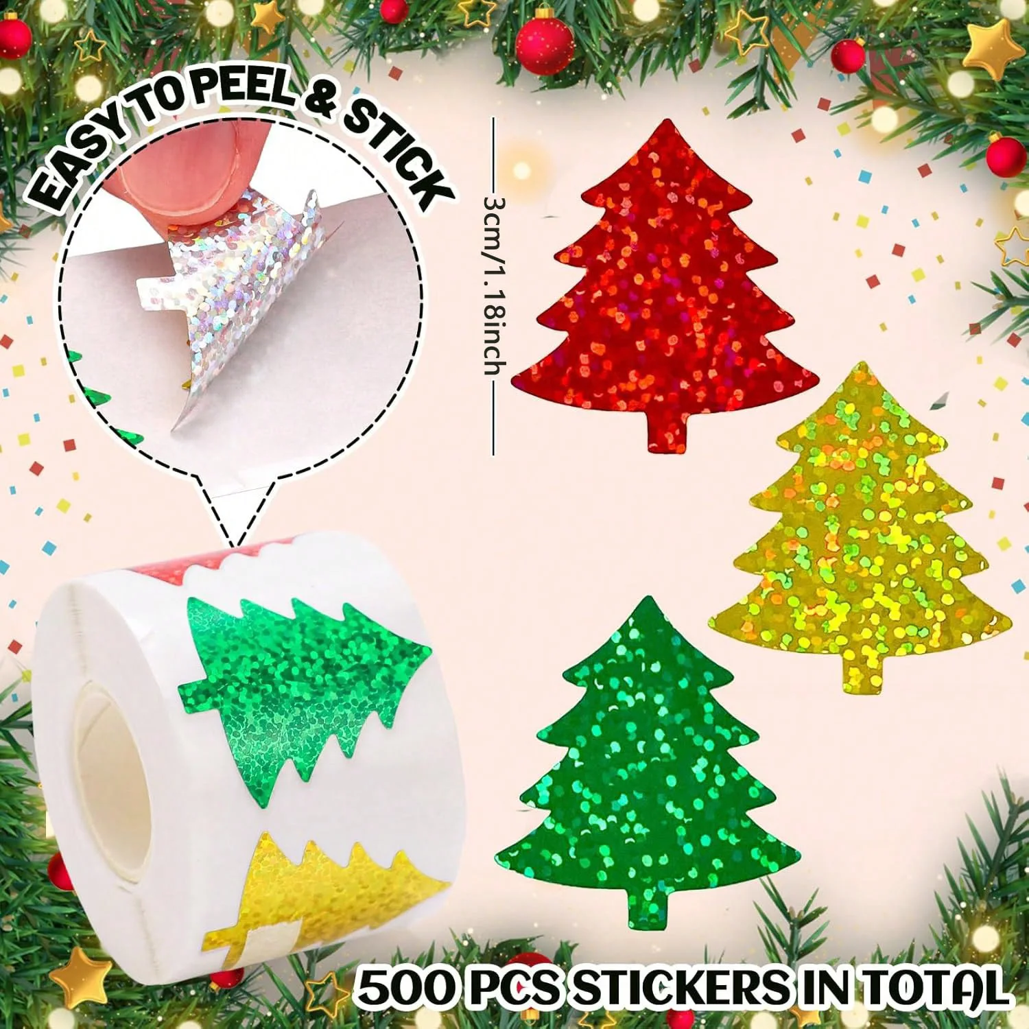 500Pcs Glittering Christmas Tree Stickers Gift Wrapping Labels for Scrapbook Holiday DIY Decoration