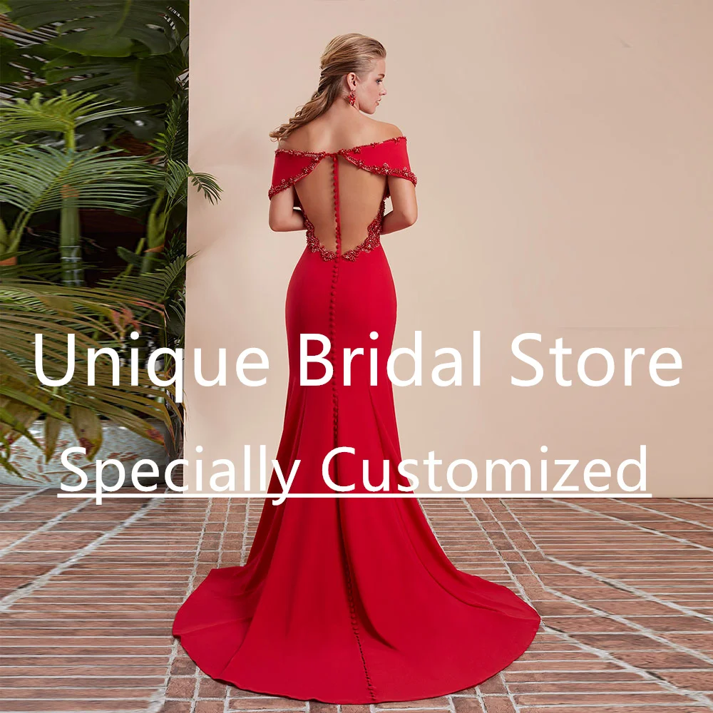 Vestido De Novia De sirena rojo personalizado con hombros descubiertos, manga corta con cuentas, abertura alta, Sexy, con botones, Vestidos De Novia C