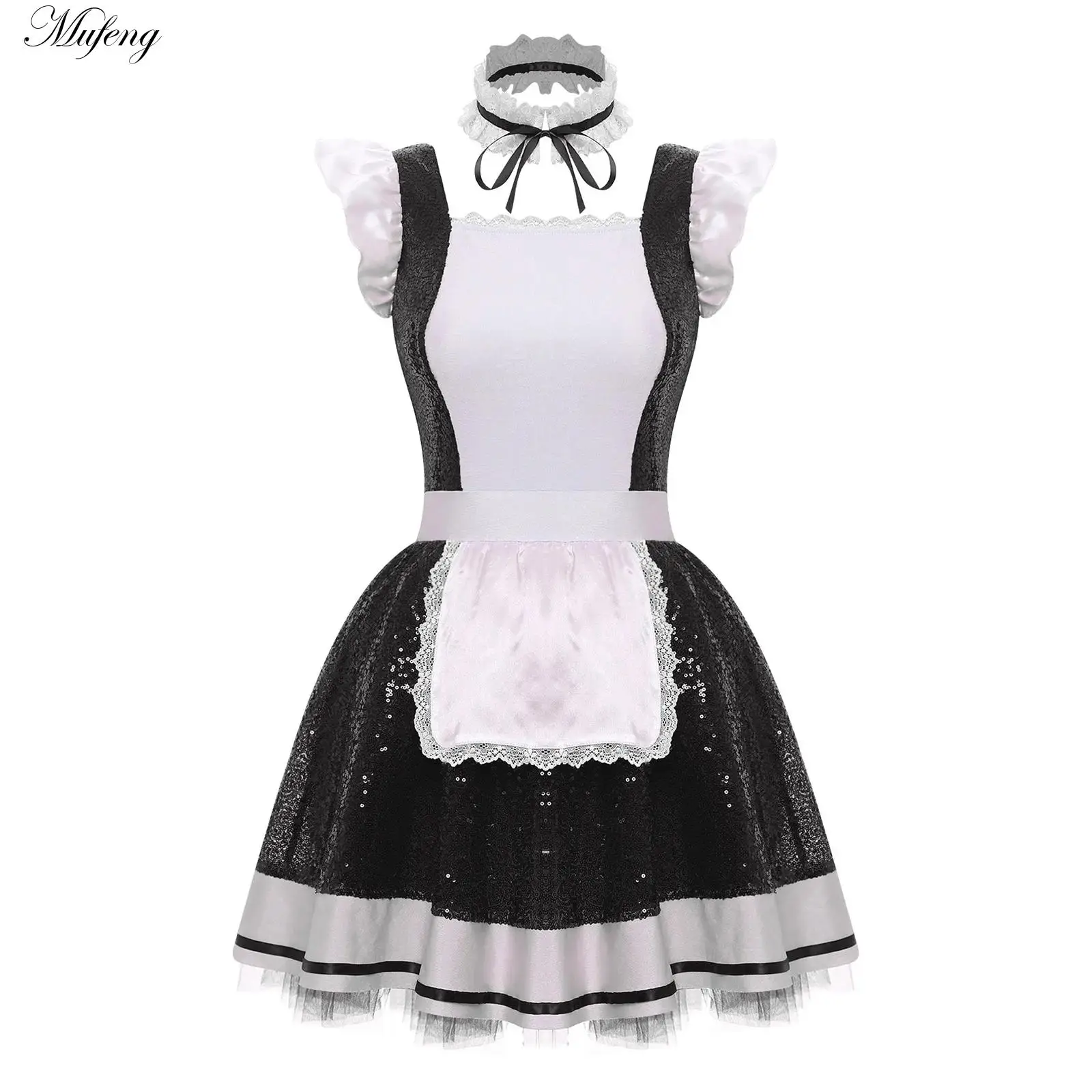 

Женский наряд горничной, милое готическое платье Лолиты, французская горничная, аниме, карнавальный костюм, тюлевой фартук с блестками, платье-колье, униформа на Хэллоуин