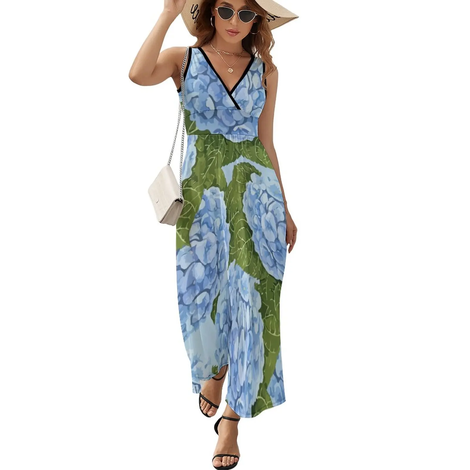 

Blue Hydrangea Dress Vintage Maxi Dress Aesthetic Boho Beach Long Dresses Sleeveless Design Big Size Vestido