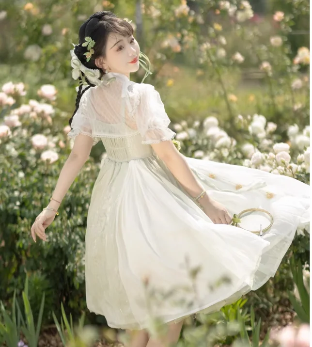 Spring Summer Elegant Lolita Jsk Chinese High Waist Daily Suspender Dress Fashion Women Versatile Embroidered Bow Short Shirt