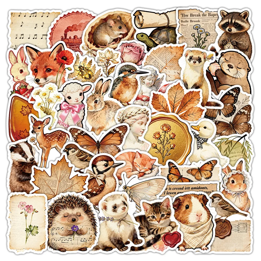 Pacote com 50 Adesivos Retrô Estilo Conto de Fadas de Outono para Decorar Scrapbook, Garrafa Térmica, Capacete, Telefone, Adesivos Impermeáveis para Estudantes