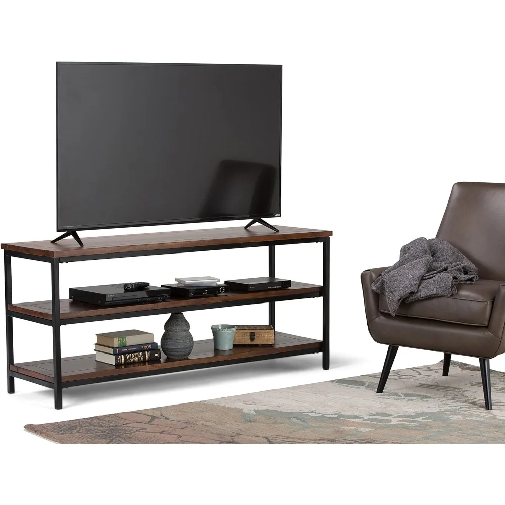 Skyler SOLID MANGO WOOD 60 Inch Wide Industrial TV Media Stand in Dark Cognac Brown for TVs up to 65 Inches