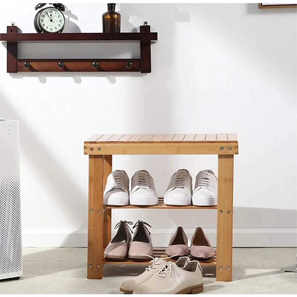 

2-tier bamboo shoe rack, small shoe bench, entryway bench, shoe storage bench for bathroom, bedroom, entrance, small apartments
