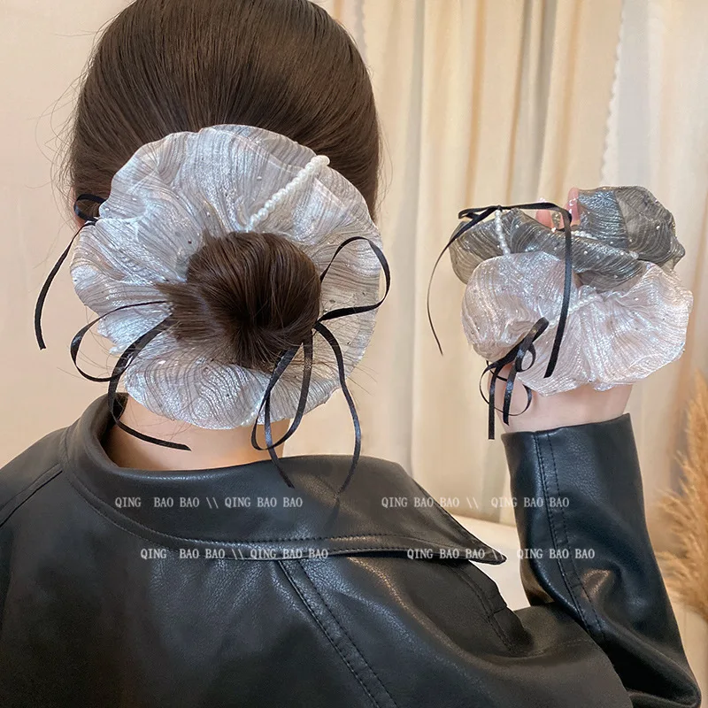 

1pcs French Organza Rhinestone Striped Bow Scrunchies Pearl Ribbon Wrapped Large Hair Ties for Women Ponytail Bun Holder Elegant