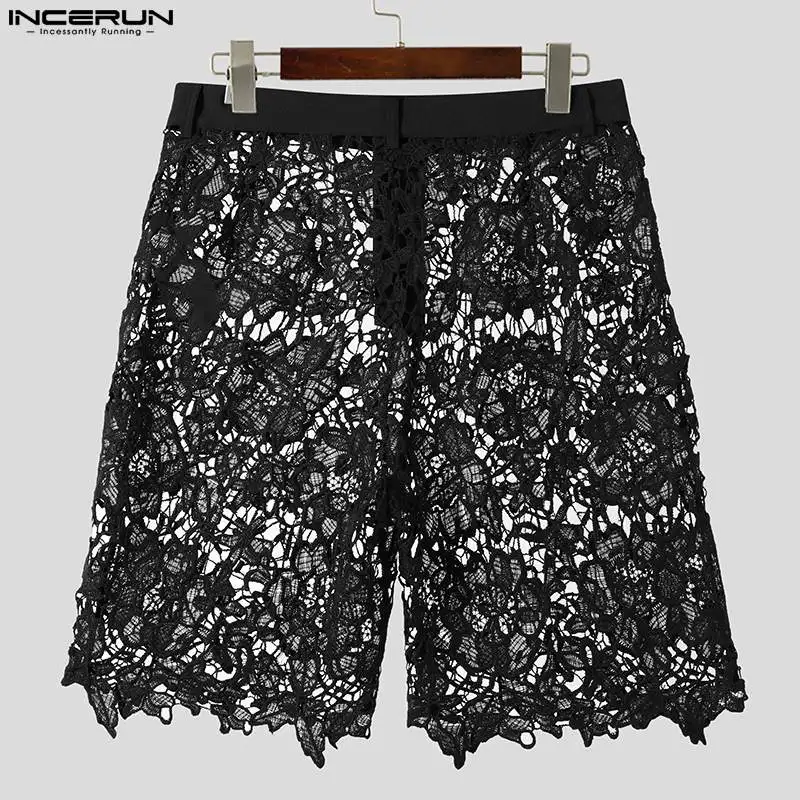 Stylish Well Fitting Men\'s Shorts INCERUN Lace Printed Hollow Design Shorts Casual Party Show Sexy See-through Mesh Shorts S-5XL