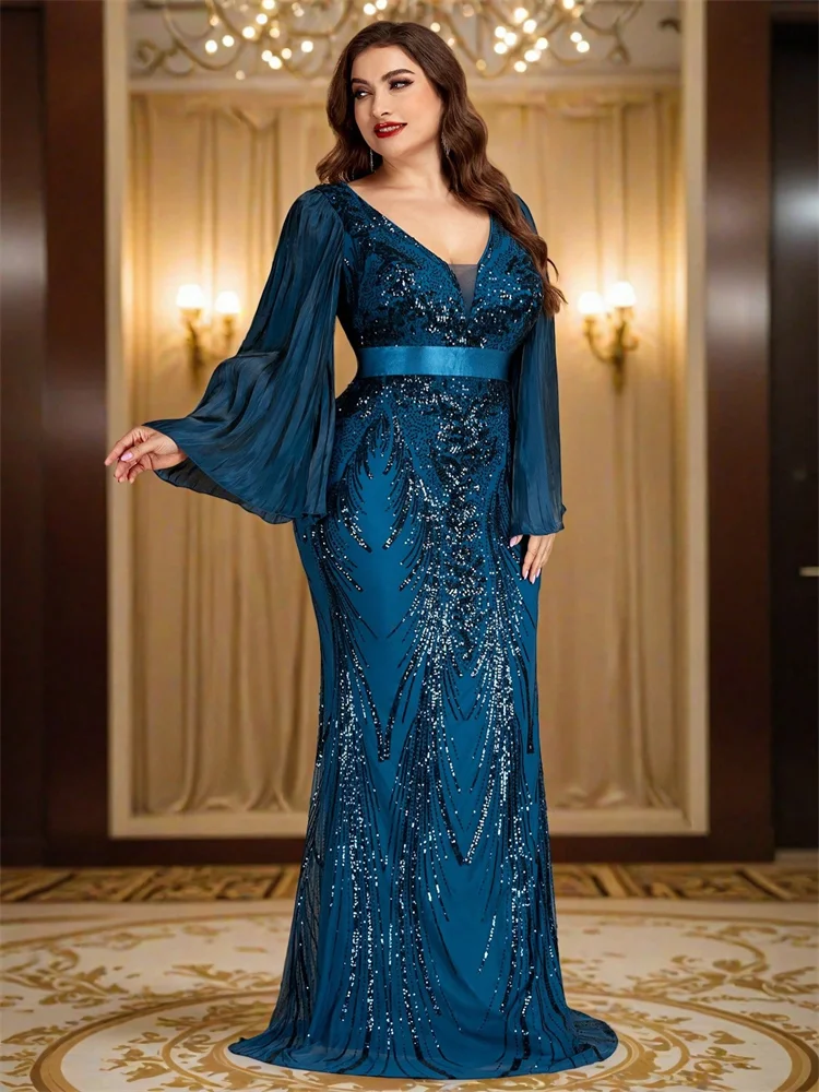 Lucyinlove Plus Size Luxus-Abendkleider mit Pailletten und langen Ärmeln, schmal geschnitten, für Damen, elegante Meerjungfrau-Formelle Party-Cocktailkleider – Detail 6