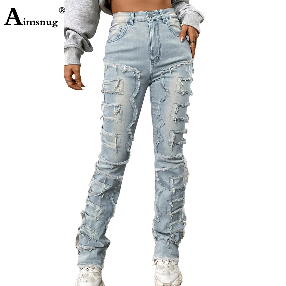 Creative Tassles Decoration Straight Fit Leg Jeans Women's Casual Medium Stretch Street Style Fashion Demin Pants For All Season