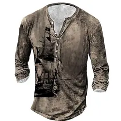 Vintage V-neck Cotton Long Sleeve T-shirts For Men 3d Print Navigation Henley Shirt Hip Hop Y2k Pullover Oversized Tee Shirt Men