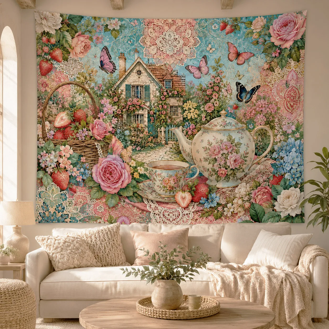 Cottagecore Garden House Wall Tapestry Vintage Floral Teapot Wall Hanging Aesthetic Room Decor Fabric Tapestries