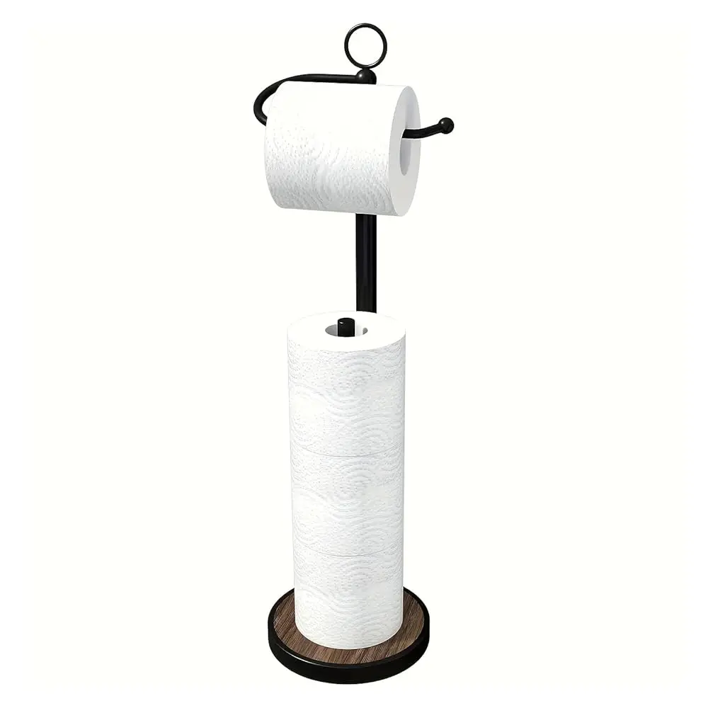 

Toilet Paper Holder Free Standing with Storage 4 Rolls Stainless Steel Toilet Paper Holder Stand with Weighted Wood Grain Bas