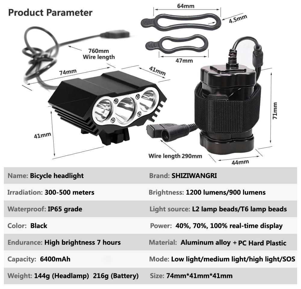 T6/L2 LED Bicycle Light 4 Mode Bike Front Light Headlight Lamp Wide Range 6400mAh Rechargeable Mtb Waterproof Bike Accessories