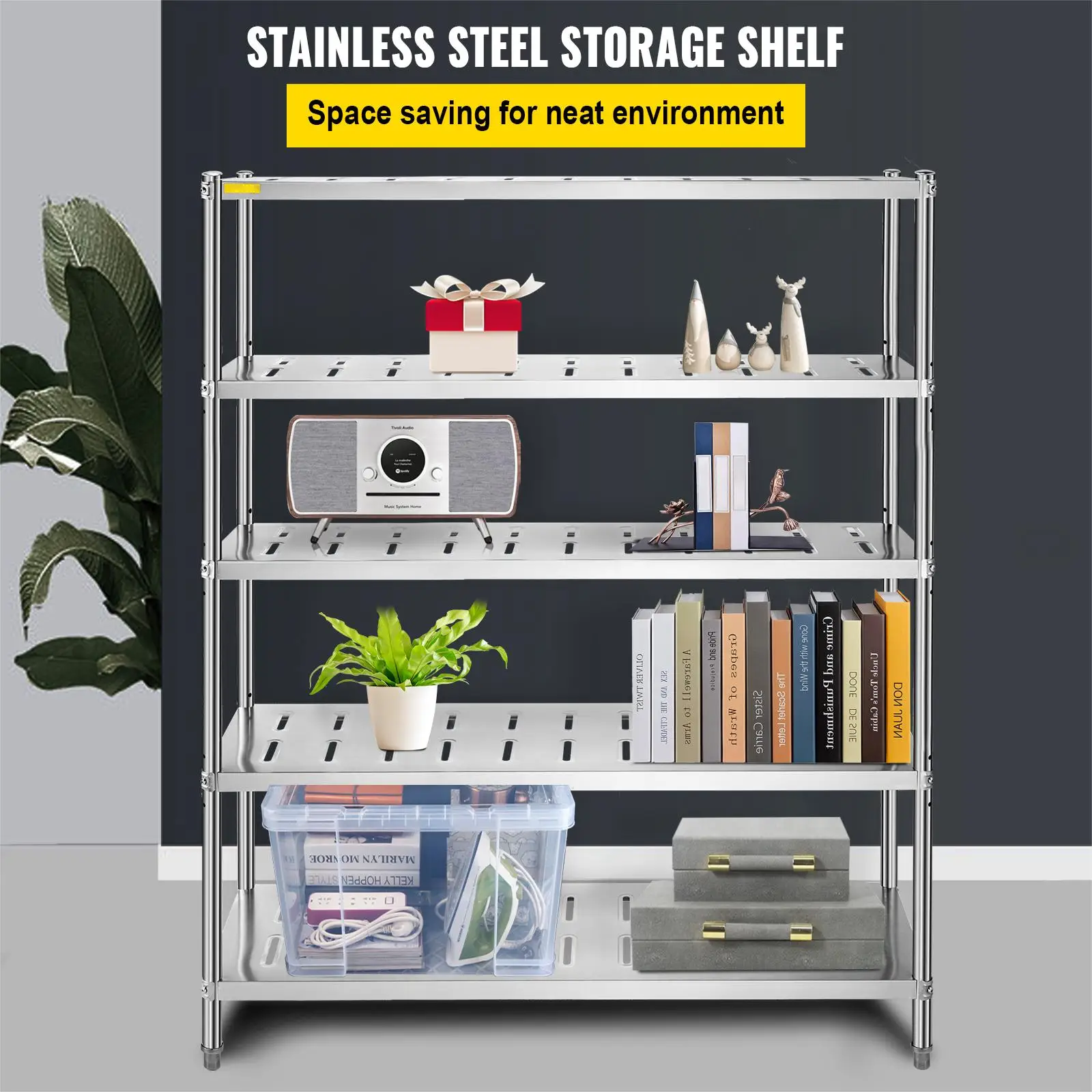 VEVOR 5-Tier Storage Shelf, Stainless Steel Garage Shelf, 59.1 x 17.7 x 70.9 inch Heavy Duty Storage Shelving, with Vent Holes