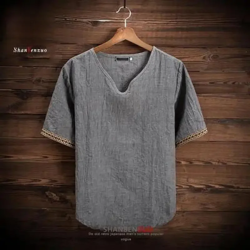 Summer V-neck Linen Short Sleeve Men's T-shirt Breathable Cotton Linen Casual Versatile Vintage Top Thin Summer Top