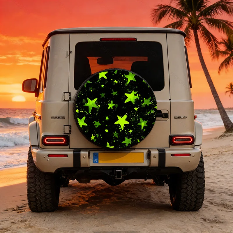Polyester Fiber Car Tire Cover, Starlight Green Star Pattern Artistic Texture, Fits SUV/Sedan/Pickup Spare Tire Protection Sleev