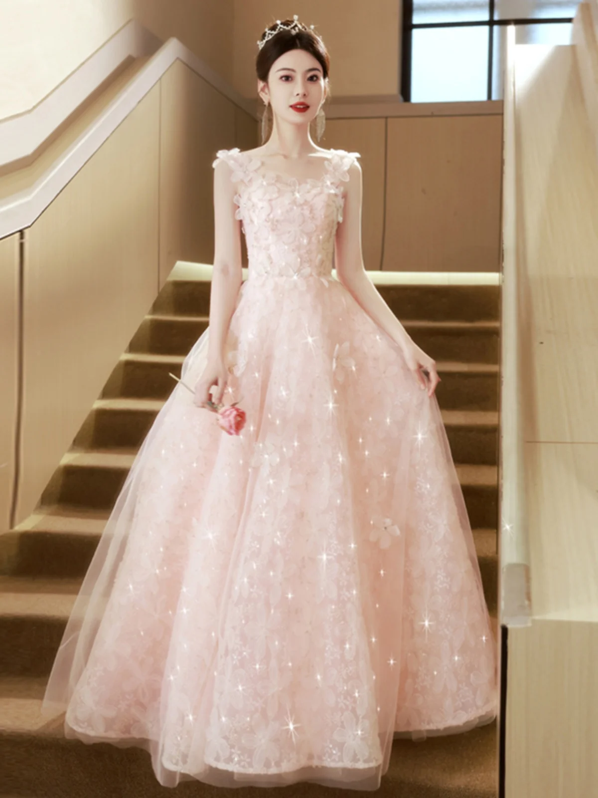 

Ele Pink Evening Gown Women's High-End Sensation 2025 New Engagement Wedding Toast Host Dr Princ Sle Long Skirt