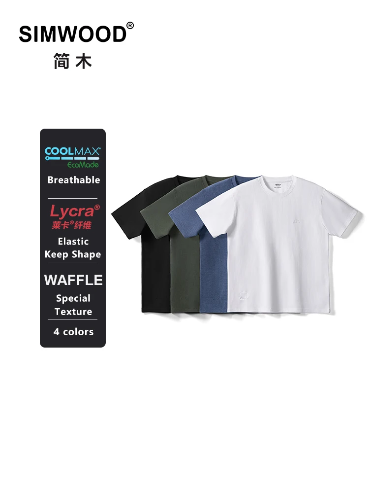 SIMWOOD 2024 Summer New Oversize 250gsm Breathable Coolmax Fabric Waffle Texture  T-shirts Men High Quality Plus Size Tops