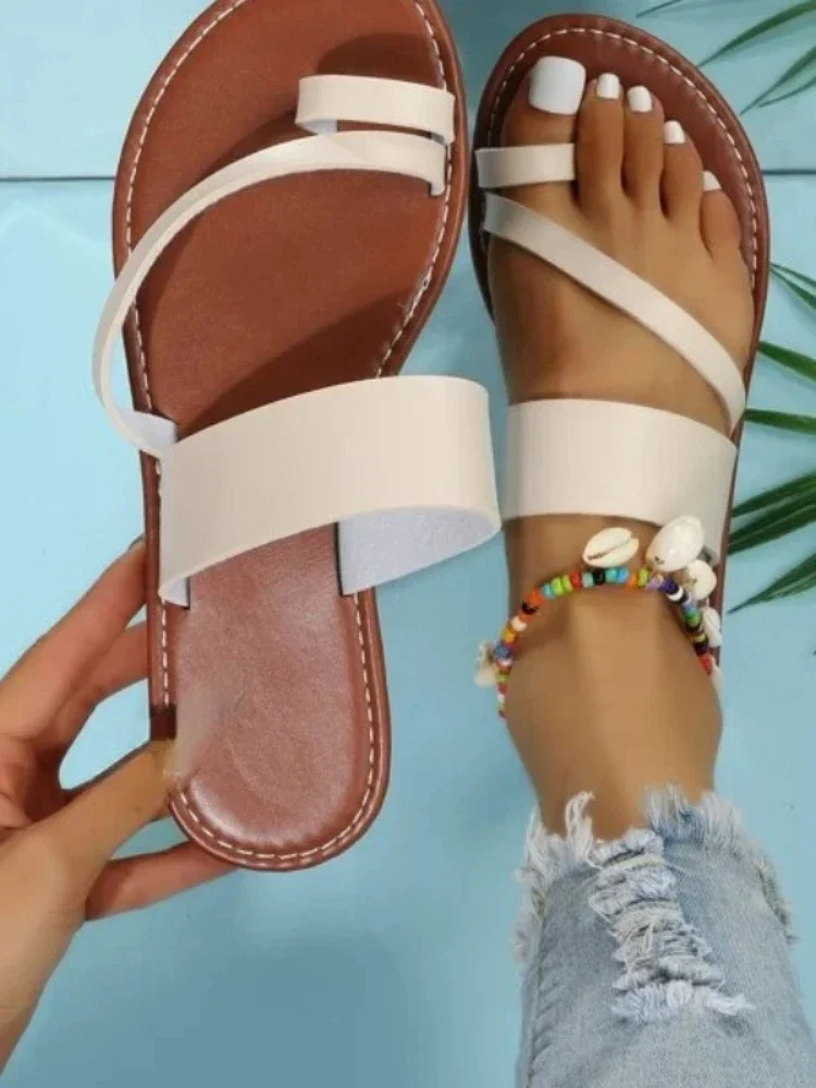 Summer Solid Color Flat Sandals Fashion Open Toe Outdoor Slippers Casual Beach Women\'s Shoes Plus Size