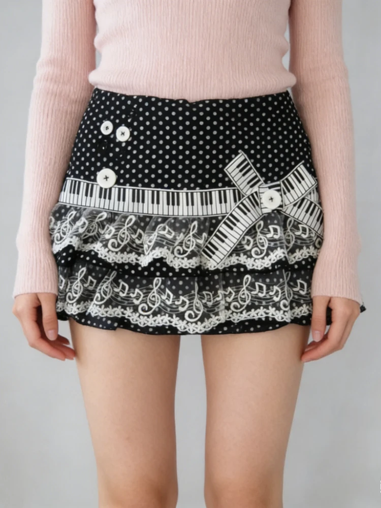 韓国風スイートポルカドットピアノスカート レディース エステティック ボウノット ウエストシェイプ スリムショートスカート 女性ストリートウェア服 2025