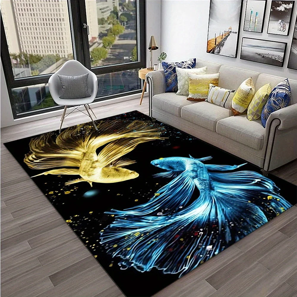 [Artistic Flair] Large Blue and Golden Fish Pattern Area Rug – Soft, Non-Slip Crystal Velvet Carpet with Vibrant Koi Fish Design