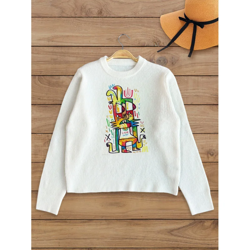 

Elegant Surprise Colorful Bunny Print Knit Cardigan Women's Autumn Winter Button-Up Sweater, Loose Fit, Warm Casual Fashion Gift