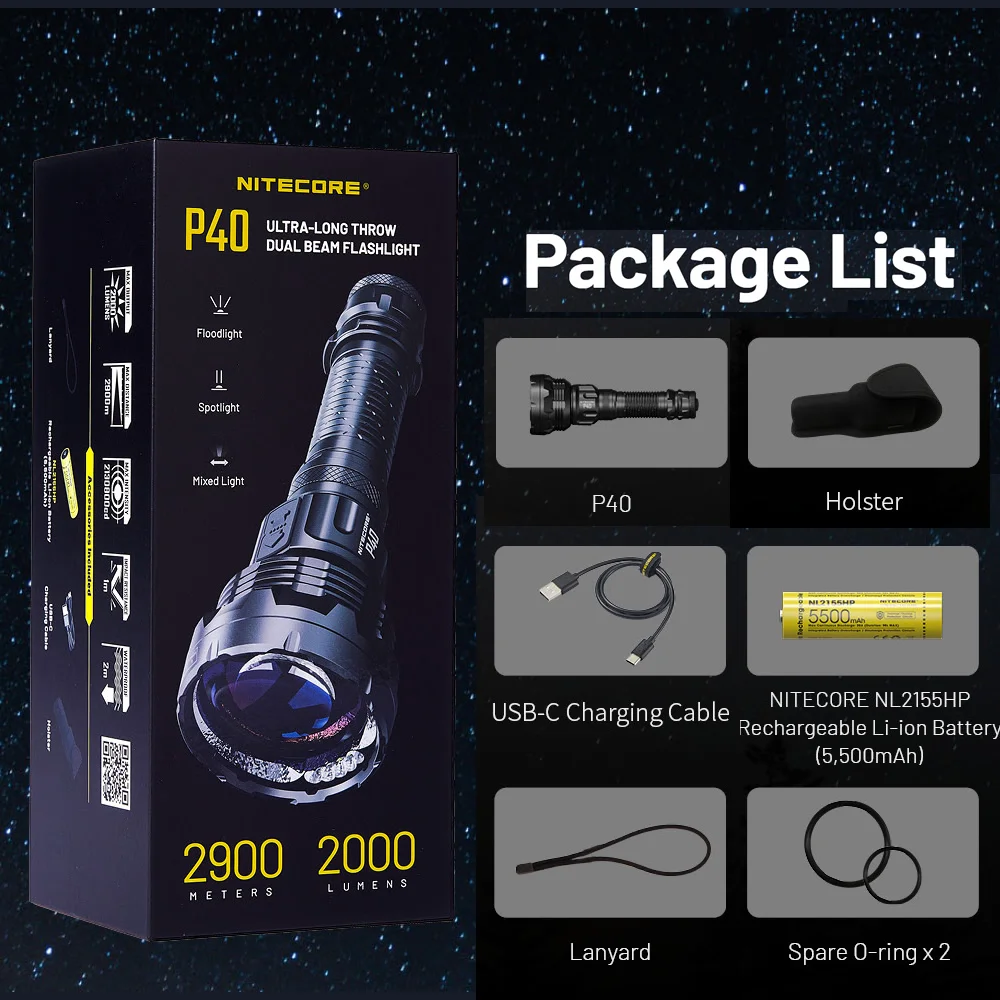 NITECORE P40 2000 Lumens Spotlight Floodlight Adjustment 21700 Rechargeable Tactical Flashlight 2900 Meters Distance for Hunting