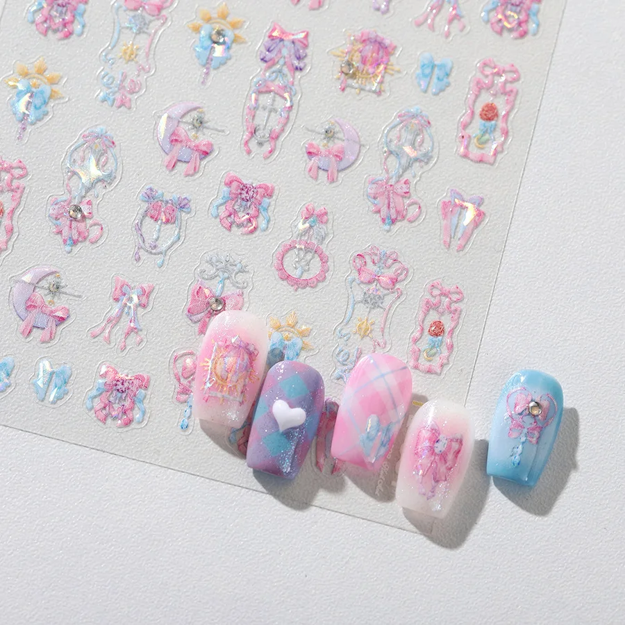 Schöne Mädchen Fee Zauberstab Mond Schleife Kopfbedeckung Strass Schmetterling 5D Nail Art Aufkleber Selbstklebende Dekoration Maniküre Aufkleber