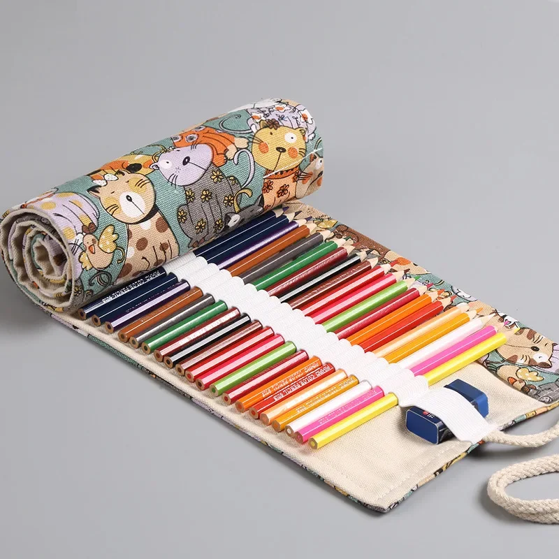 12/24/36/48/72 Holes Cute Cats Canvas Roll Up Pencil Case School Students Supplies Brush Pen Bag Cute Pencil Cases Stationery