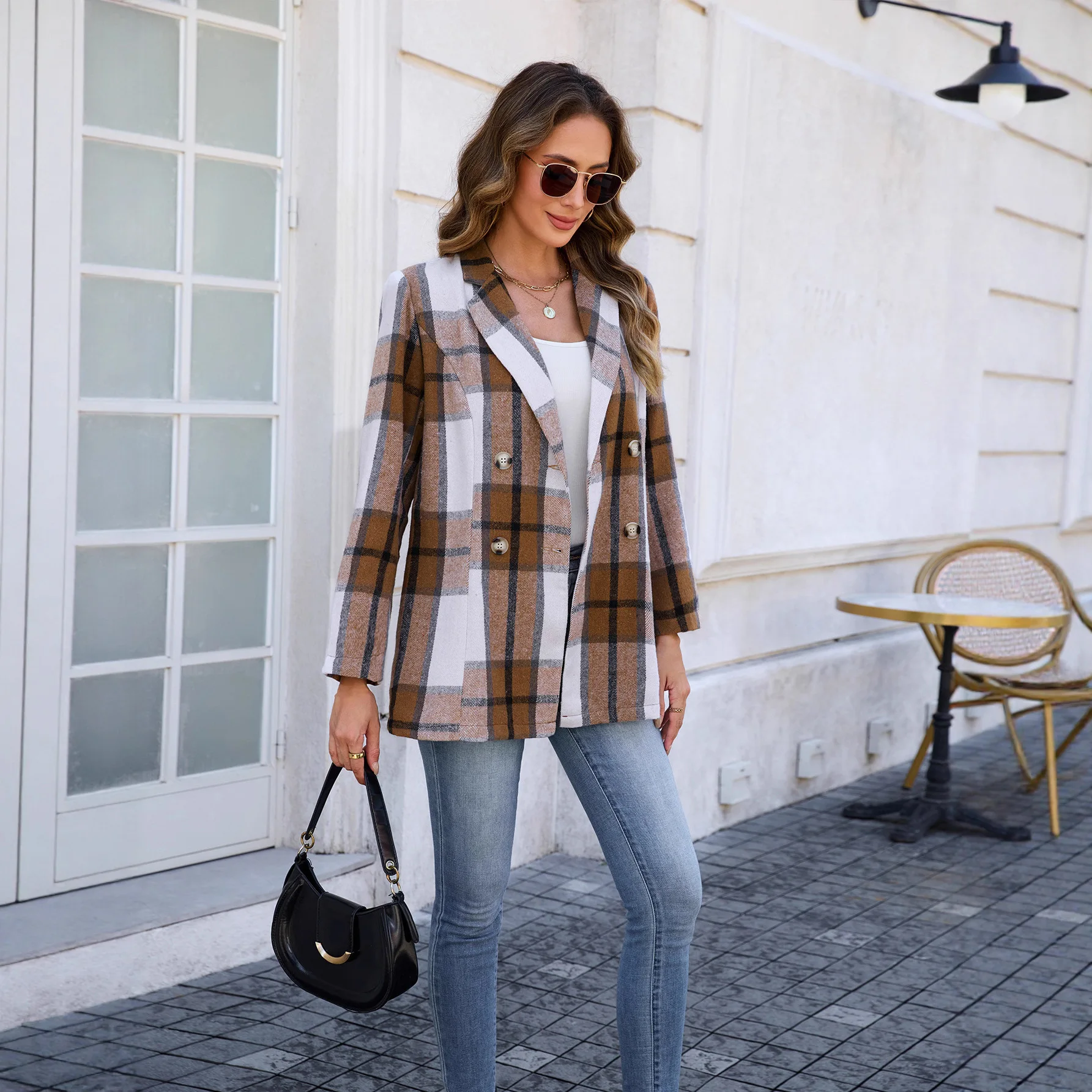 

Ele Sle Women's Plaid Long Sve Suit Jaet Thiened Autumn Casual Outerwear Sli Women's Faion Outerwear
