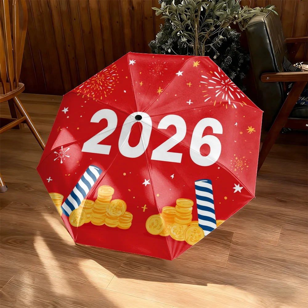 1 Festive Folding Umbrella | Durable Iron and Pongee Canopy with 2D Fireworks and Coins Print, Ideal for 2026 New Year Celebra - view 3