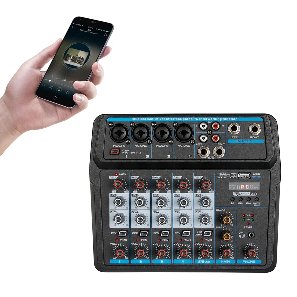 

Bluetooth DJ Mic Audio Mixer, LED Digital Display, Music Stream, 6 Channel, Control