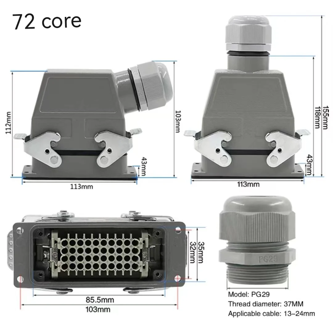 

HDC-HDD-072-1/2 Rectangular heavy duty connector 72 core industrial aviation plug socket Crimp the connecting pin 250V 10A