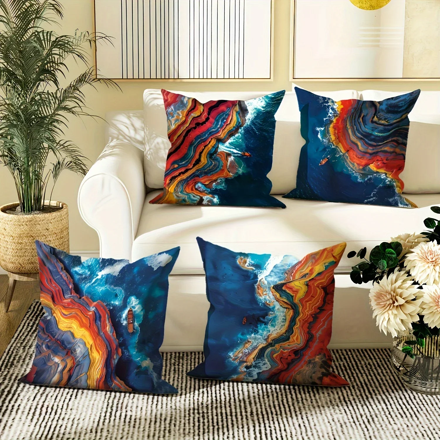 Red coastline blue coast decorative pillowcase, ultra-soft polyester living room sofa back car pillowcase decoration