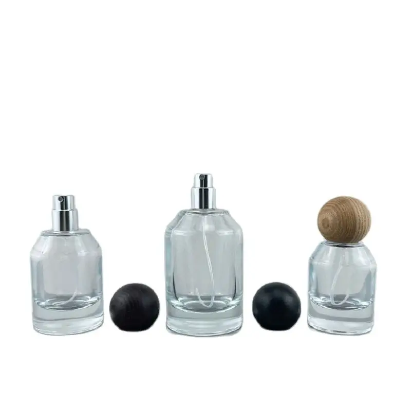 Round Ball Wood Cover Empty Glass Bottles 50ml Transparent Think Bottom Fragrance Mist Spray Crimpless Perfume Refillable Bottle