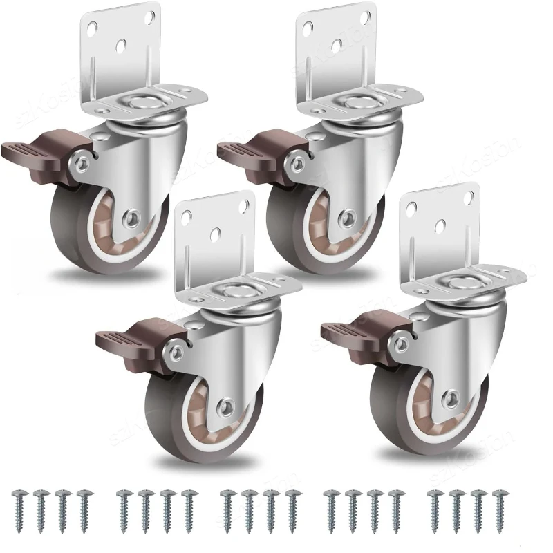 4Pcs L-Shaped Furniture Casters 1-2 inch Crib Casters Cabinet Clamp with Brake Rubber Swivel Caster Furniture Hardware Fittings