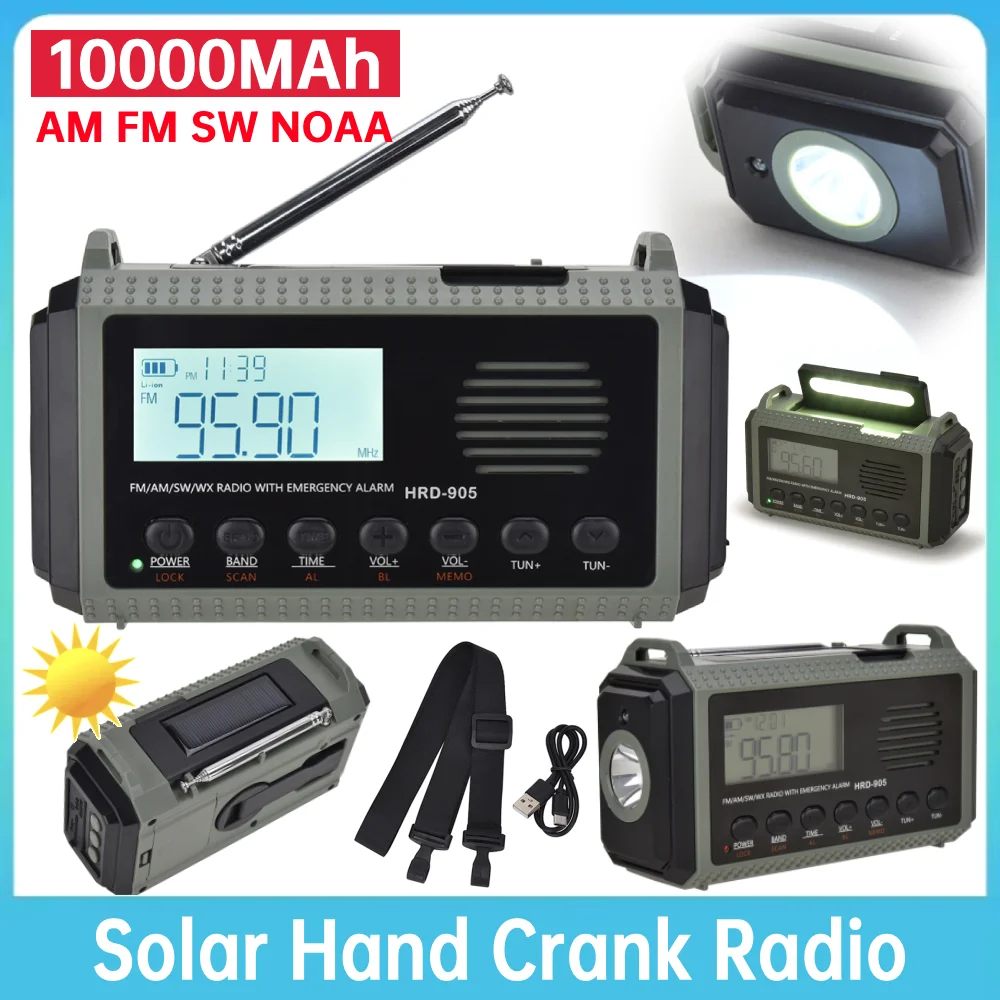 10000mah قوة البنك راديو كرنك اليد الشمسية AM/FM/SW/NOAA راديو الطقس شاشة الكريستال السائل راديو الطوارئ المحمولة