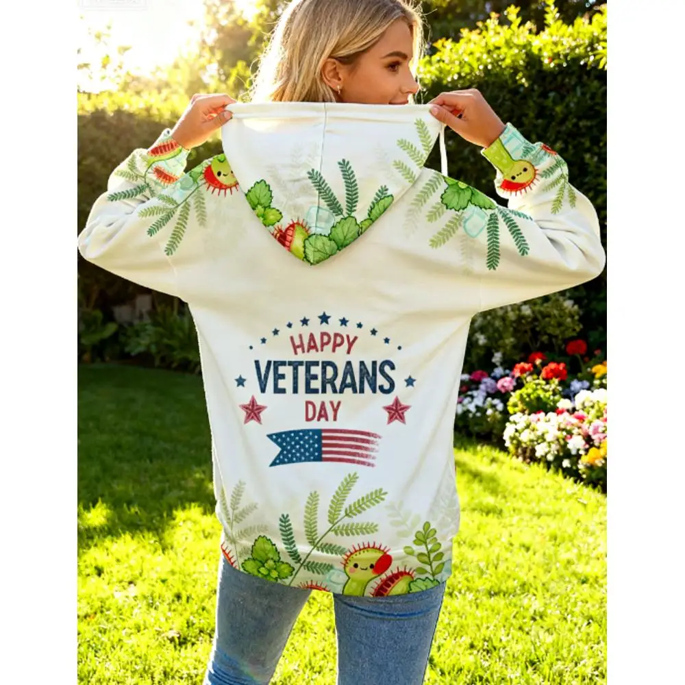 

Happy Veterans Day American Retro Style 3D Full-Print Cute Plant Pattern Hoodie, Personalized Holiday Commemorative Full-Frame P