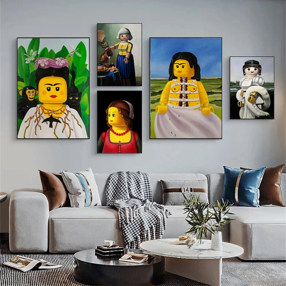 Affiche et impressions abstraites drôles de Mona Lisa Legos, peinture de dessin animé célèbre, art mural sur toile pour salon, chambre d'enfant, décoration de la maison