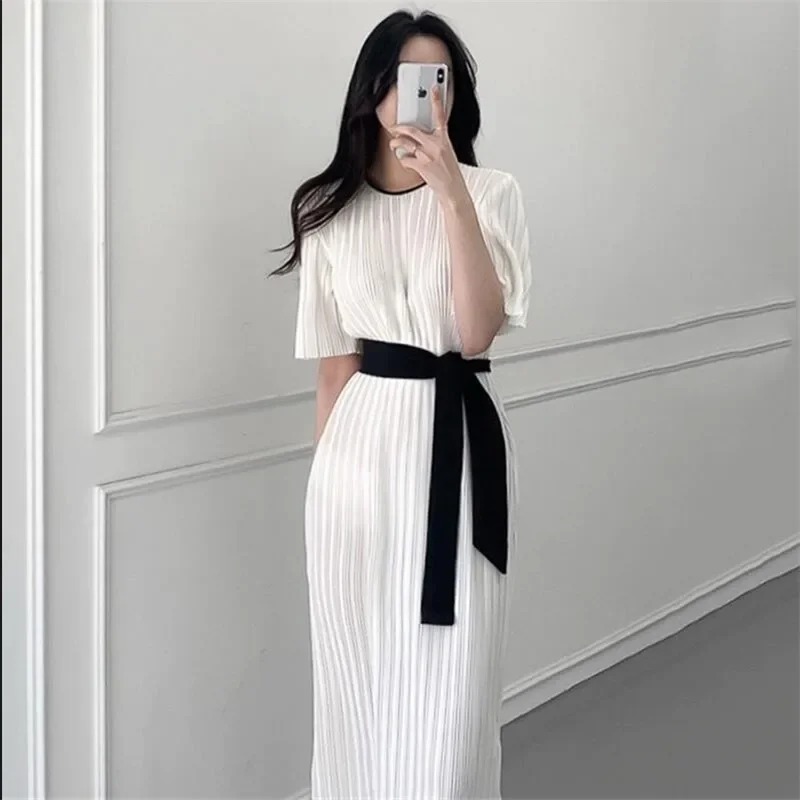 

Korean New Fashion Women Elegant Round Neck Dress Simple Style Ribbon Waist Straight Midi Dress Vintage Retro Slim Party Dress