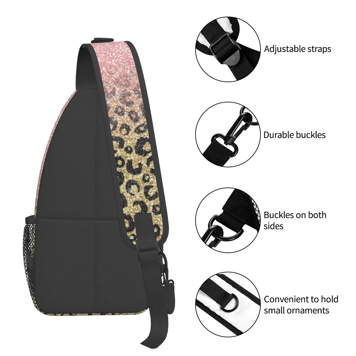 Rose Gold Glitter Black Leopard Crossbody Sling Bags Fashion Chest Bag Shoulder Backpack Daypack Hiking Outdoor Sports Satchel